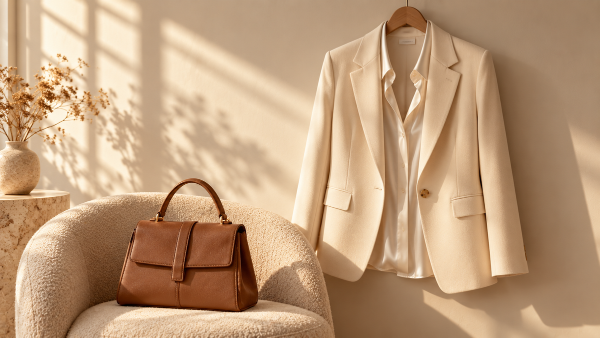 Blazer off-white e bolsa de couro caramelo