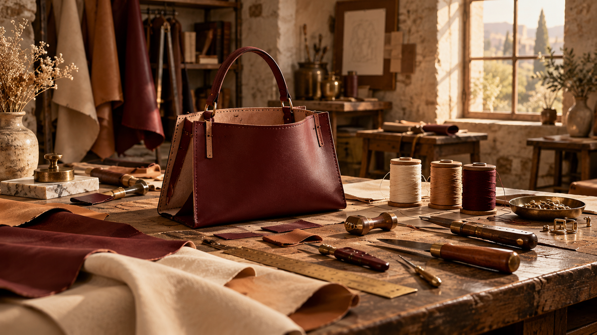 Ateliê de couro na Toscana com bolsa vinho em produção