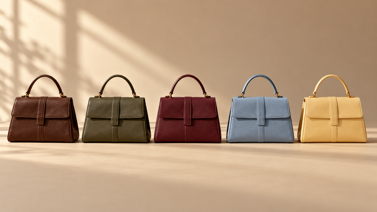 Cinco bolsas de couro em marrom, oliva, vinho, azul e amarelo