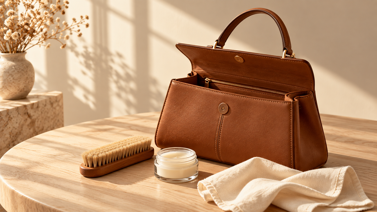 Bolsa de couro caramelo com escova, hidratante e flanela
